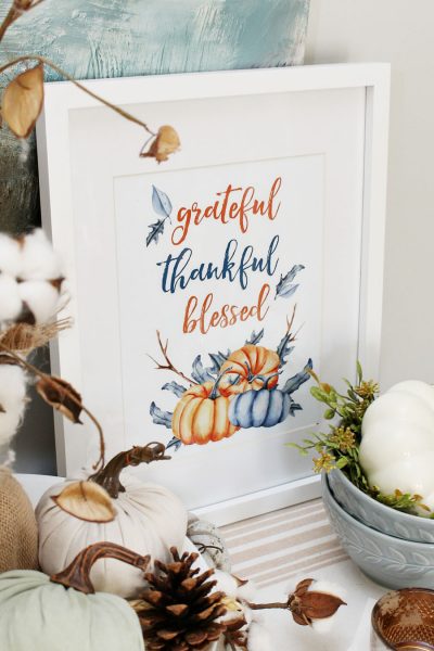 Grateful, Thankful, Blessed free fall and Thanksgiving printable with blue and orange hues.
