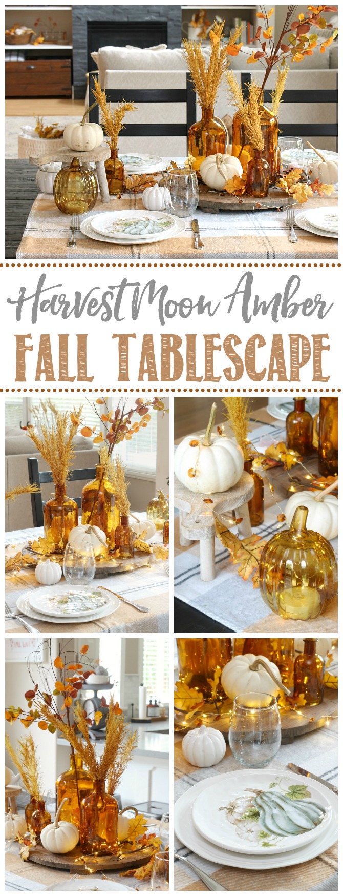 Harvest moon fall tablescape ideas for fall or Thanksgiving. Beautiful amber glass and muted fall colors in a farmhouse style kitchen.