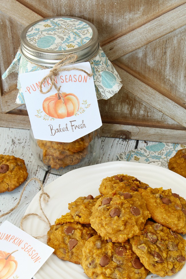 Pumpkin season free printable tags for pumpkin chocolate chip cookies.