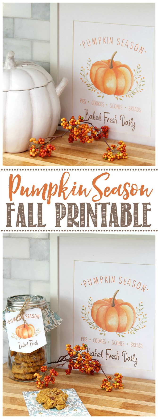 Pumpkin Season free fall printable used as fall artwork and tags for fall baking gifts.