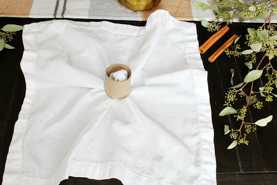 Pumpkin napkin folding tutorial step 1.