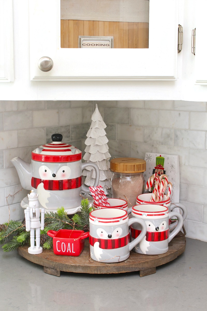 Simple Christmas hot chocolate bar in a white kitchen.