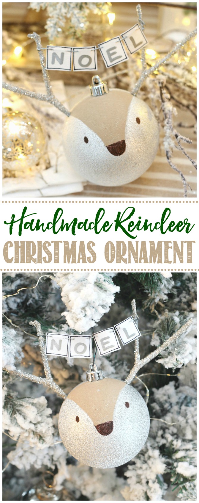 Cute reindeer handmade Christmas ornaments hanging on a flocked Christmas tree.