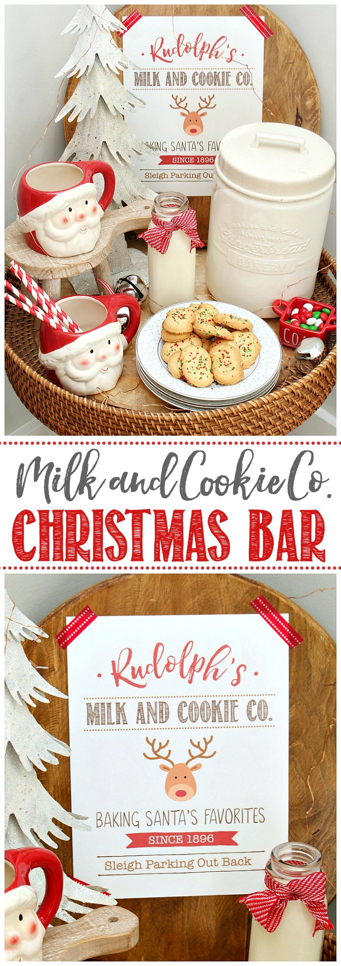 Christmas milk and cookie bar wth Santa mugs and cute Rudolph's Milk and Cookie Co. free Christmas printable.