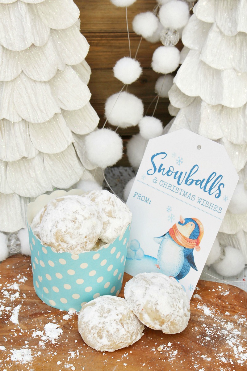 Snowball Christmas cookies with a free printable snowball gift tag.