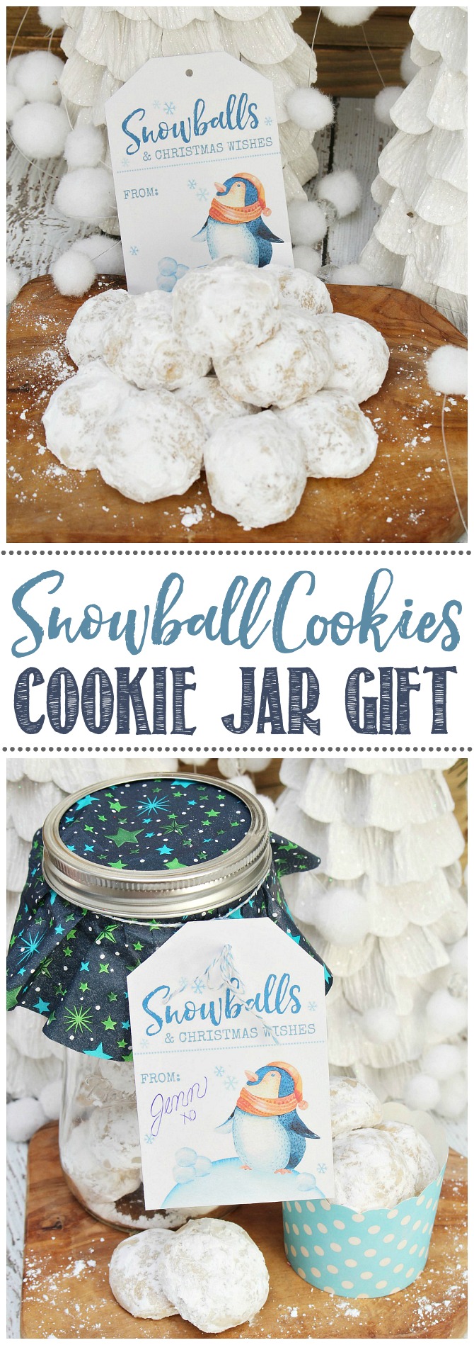 Snowball cookies on a tray and wrapped up in a mason jar gift.