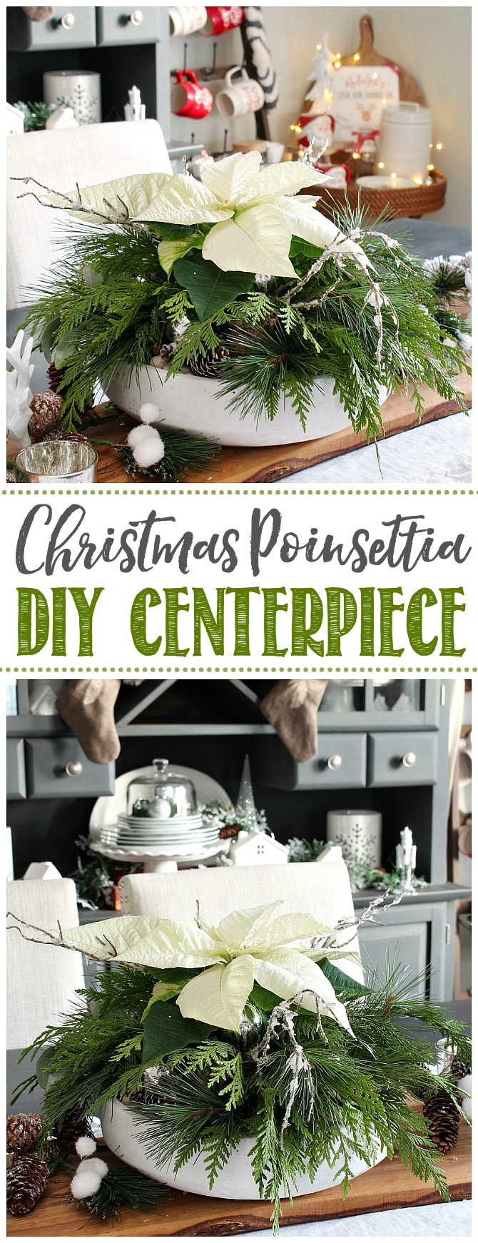 Simple DIY Christmas centerpiece idea with a poinsettia and fresh greenery.