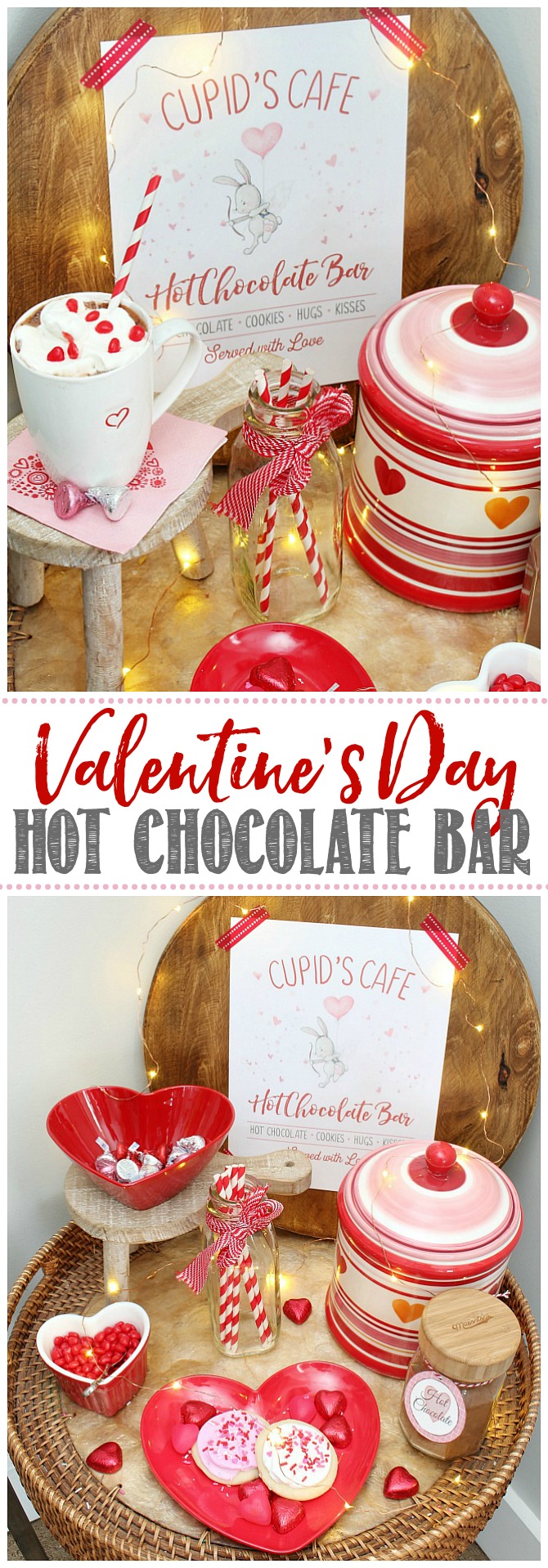 Adorable hot chocolate bar idea with free Cupid's Cafe printable.