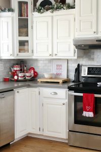 White kitchen with Valentine's Day home decor ideas.