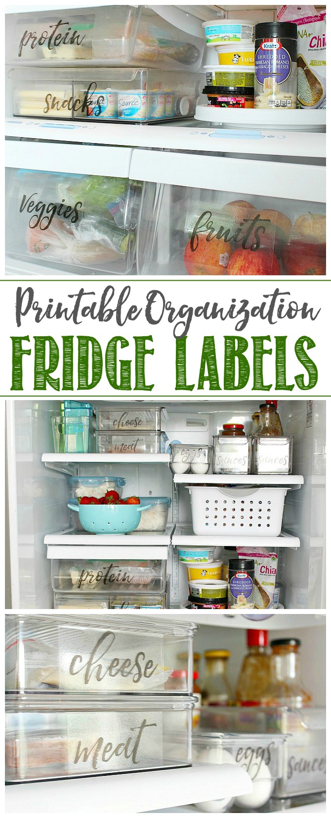 Organized fridge using free printable fridge labels.