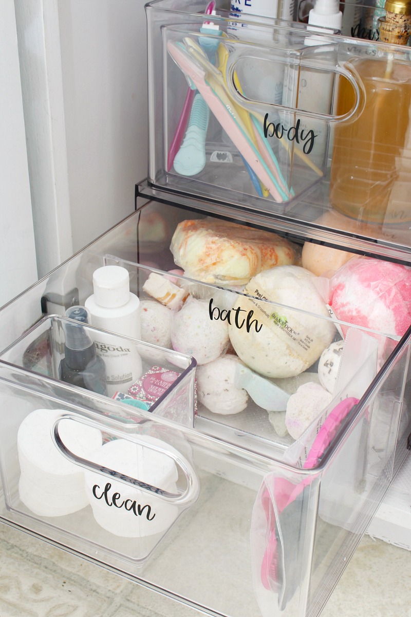 Acrylic bathroom cabinet organizer to store beauty supplies.