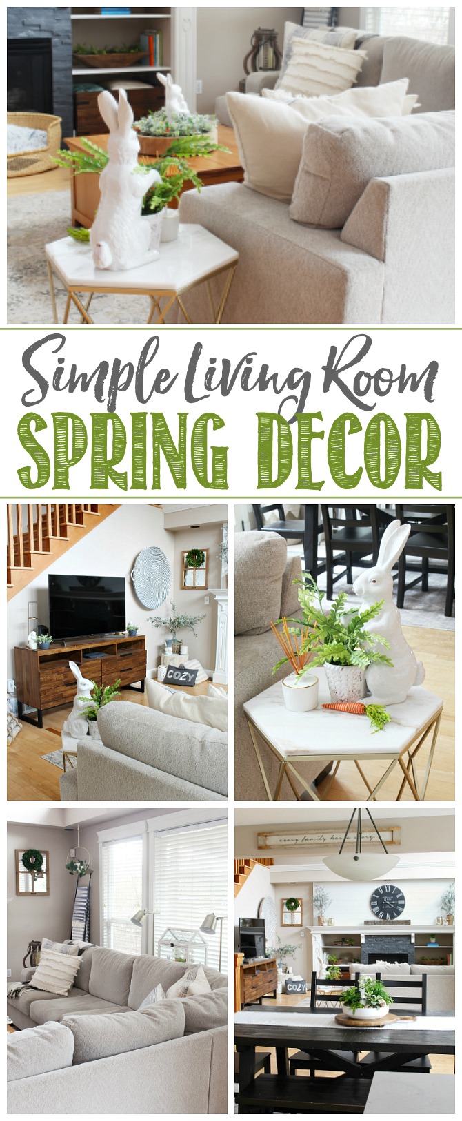 Simple Living Room Spring Decor. Collage of easy spring decor ideas for a transitional style living room.