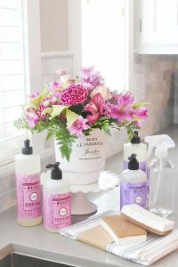 Spring cleaning supplies with flowers.