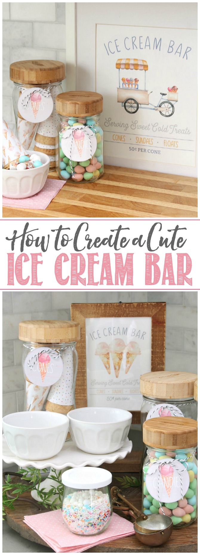 Ice cream sundae bar with free printables.