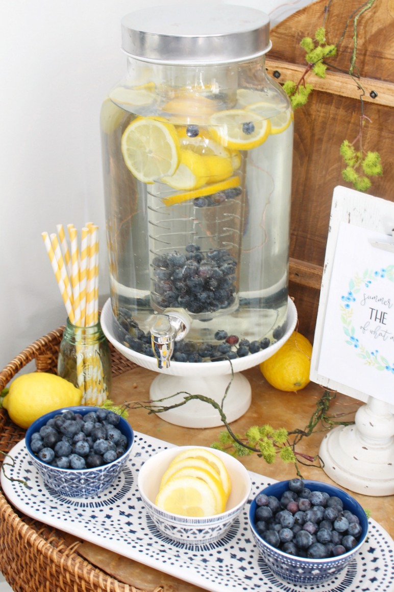 Summer flavored water beverage bar with lemons and blueberries.