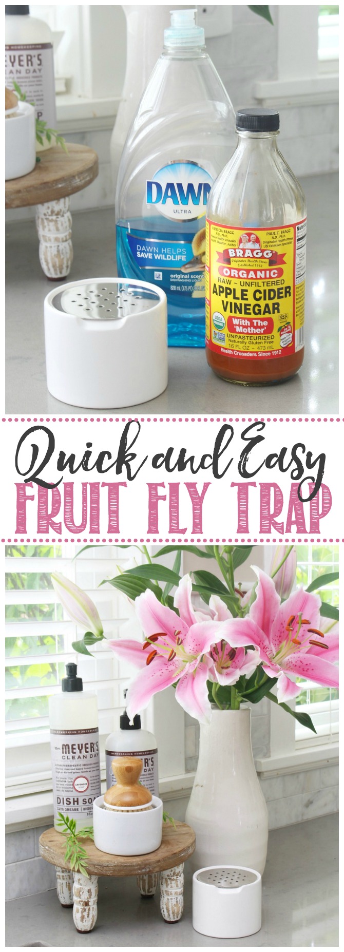 DIY fruit fly trap to get rid of fruit flies sitting beside kitchen sink.
