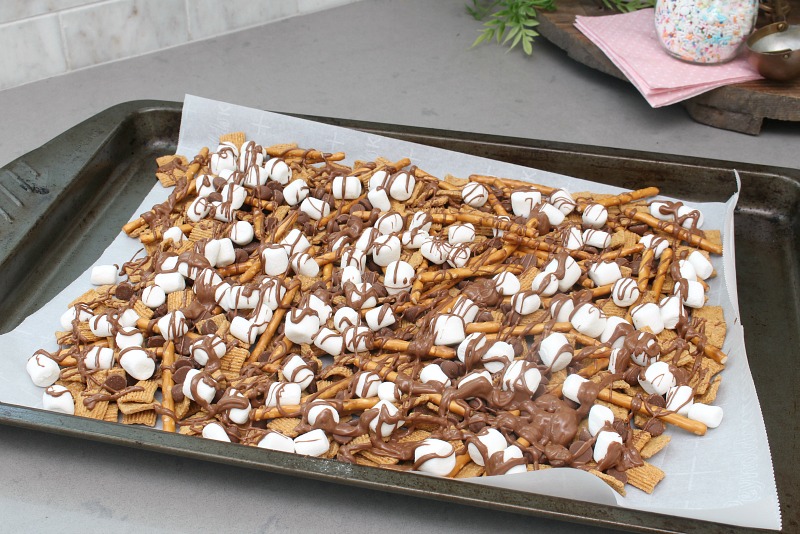 S'mores trail mix recipe with chocolate drizzle.