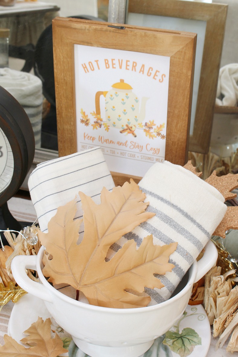 Fall Hot Beverage Bar sign with tea towels in bowl.