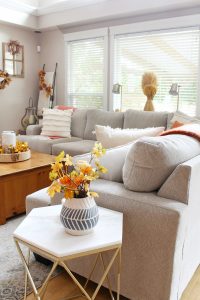 Modern farmhouse style living room decorated with traditional fall colors.