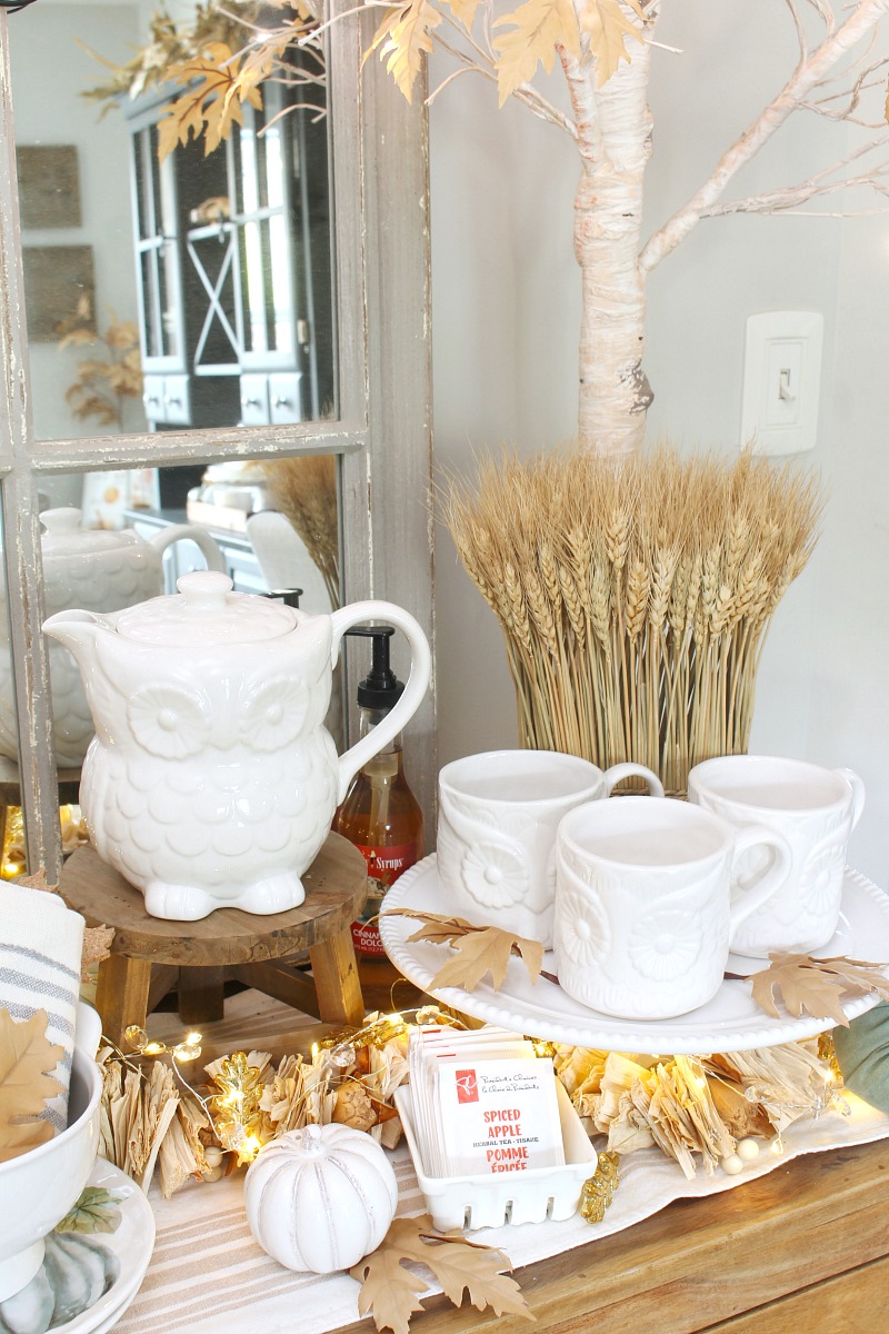 Owl tea pot and mugs for a fall hot beverage bar.