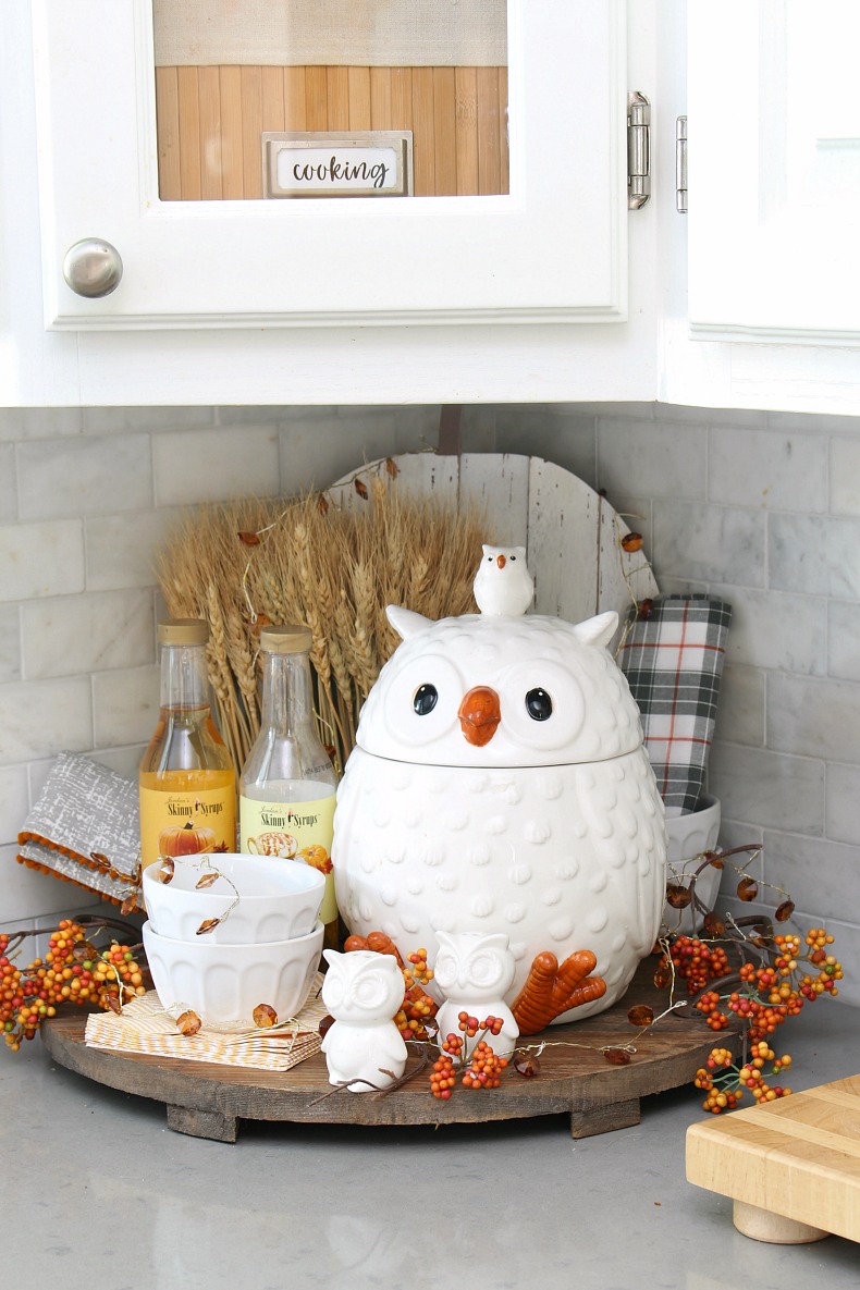 Fall vignette in a kitchen with owl cookie jar.
