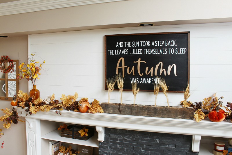 Pretty fall mantel decor ideas with golden oak and other natural elements.