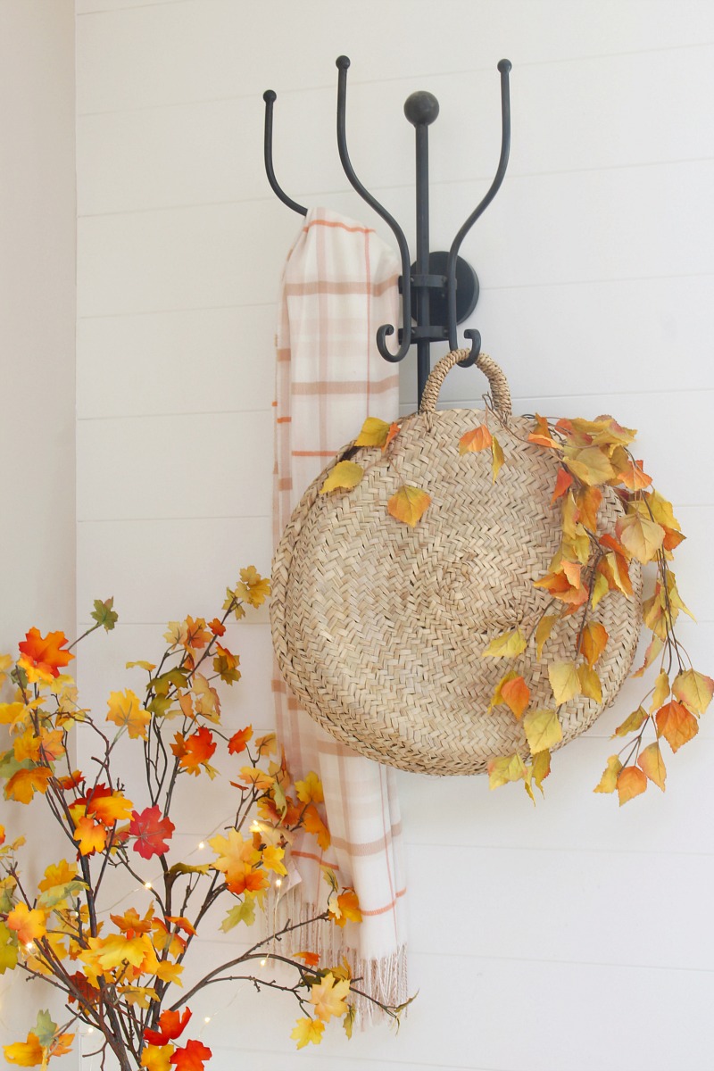 Fall front entryway with black iron coat hanger.