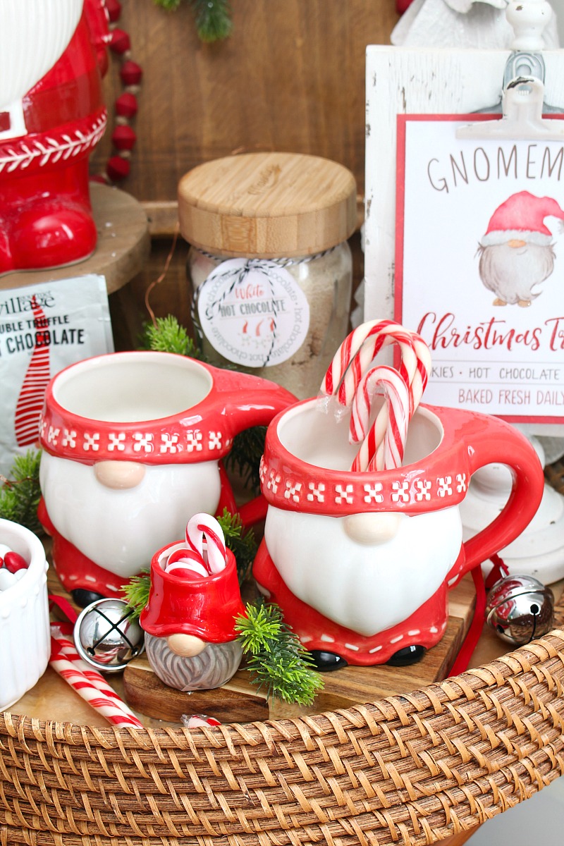 Cute Christmas gnome display with gnome mugs.