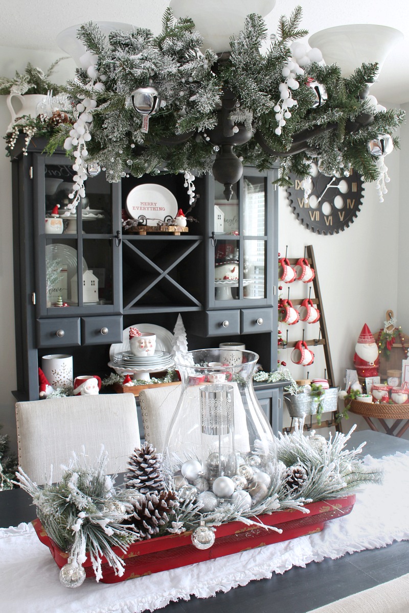 Beautiful Christmas dining room decorated with fun red and white touches.