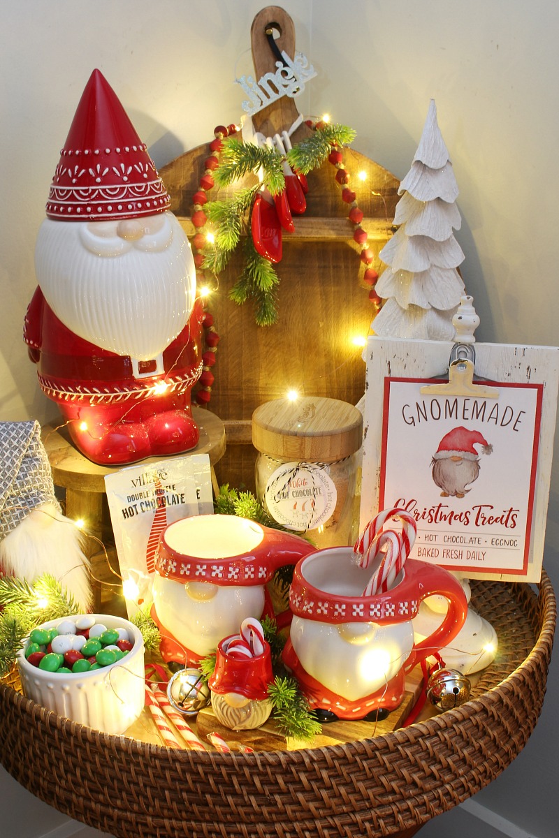 Christmas gnome display with twinkle lights.