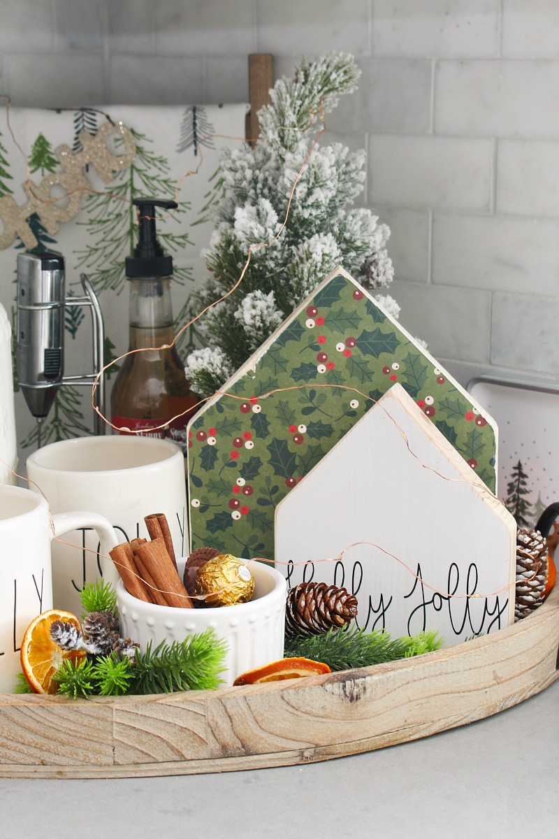 Christmas kitchen decor with a cute beverage bar.