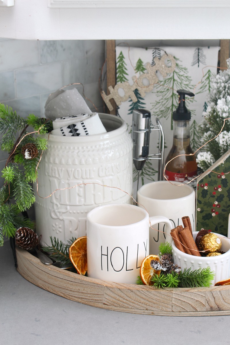 Christmas kitchen decor with a cute beverage bar.