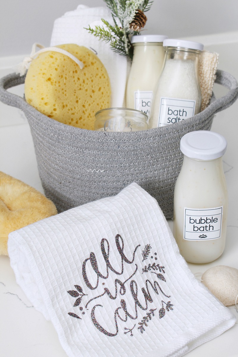 Beautiful DIY spa holiday gift basket with personalized towels and custom spa labels.
