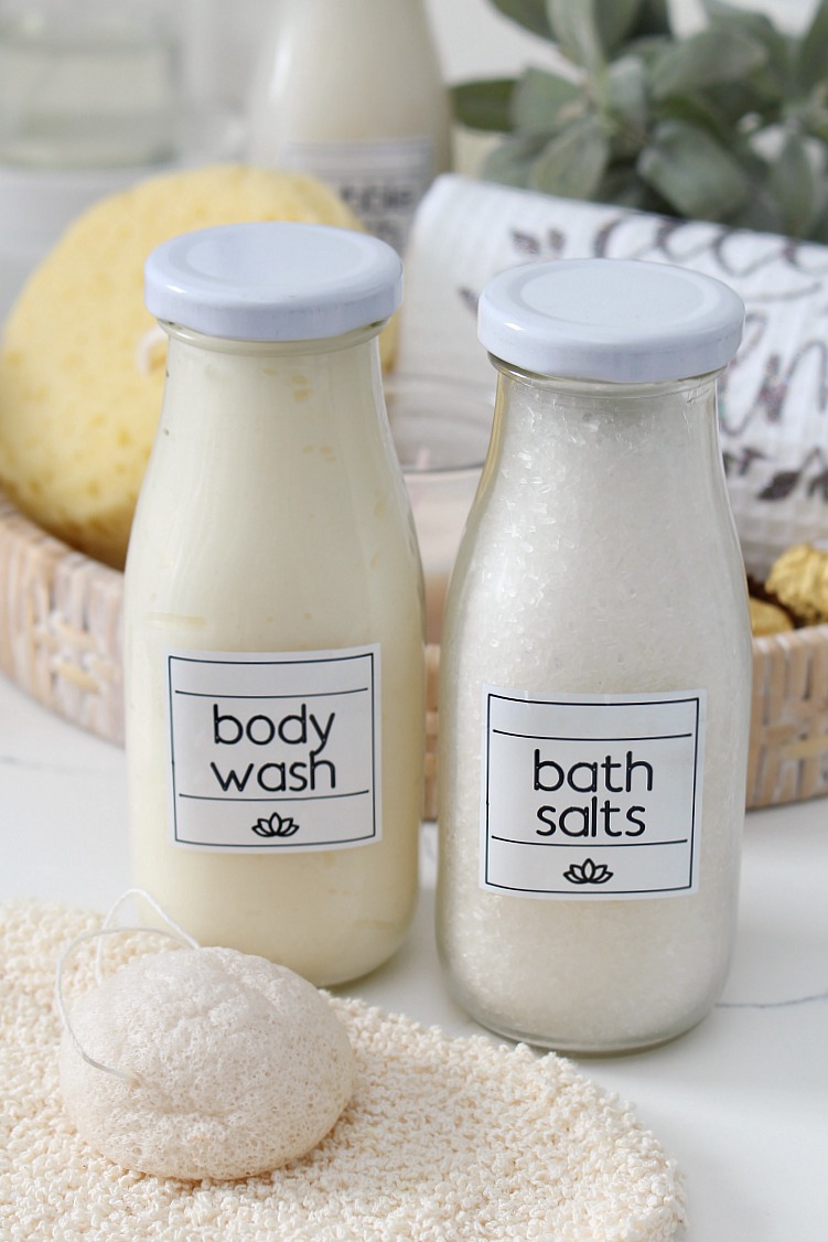 Pretty display of bath products with these DIY spa labels.