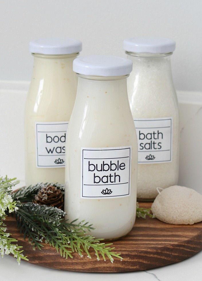 Pretty display of bath products with these DIY spa labels.