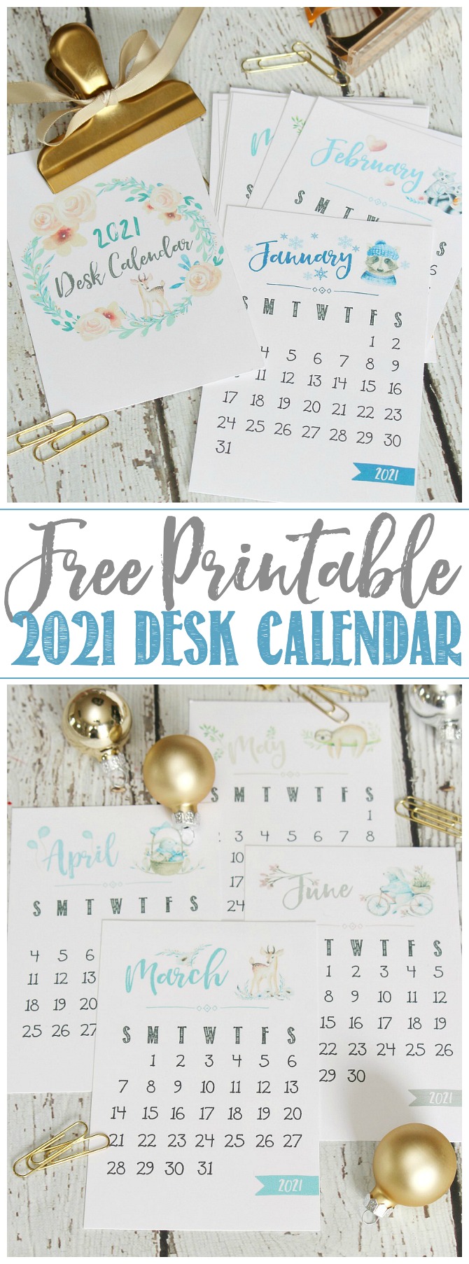 Free printable 2021 desk calendar with pretty watercolor design.