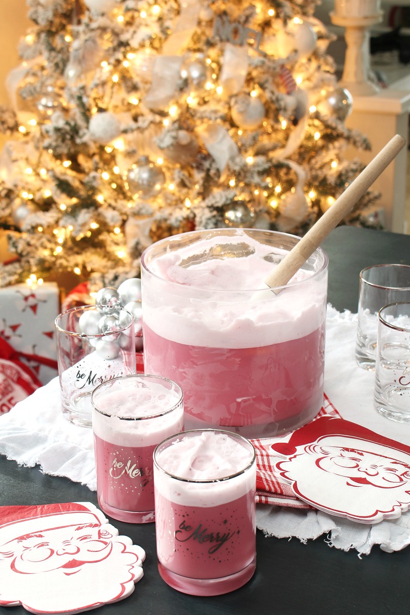 Christmas sherbet punch in front of a Christmas tree.