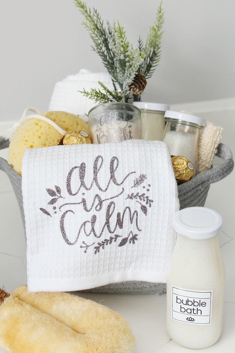Beautiful DIY spa holiday gift basket with personalized towels and custom spa labels.