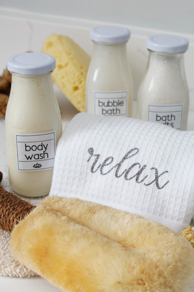 Customized spa towel with DIY spa labels displayed on a bathroom counter.