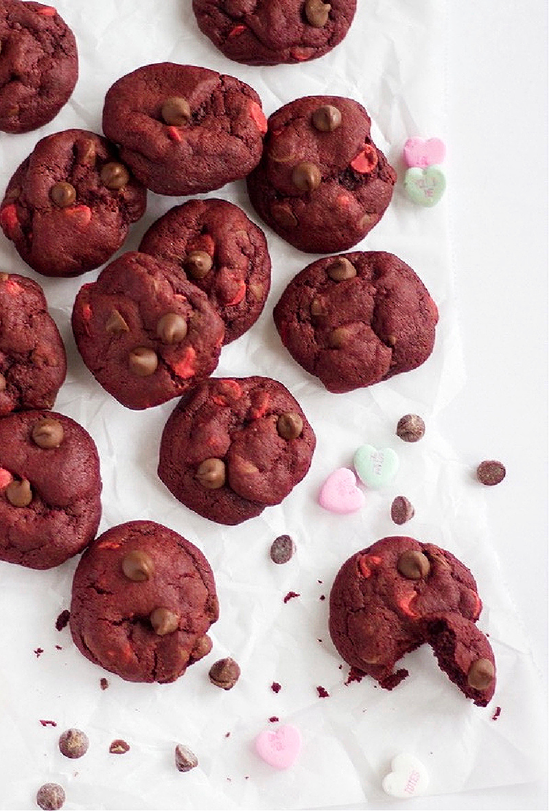 Red velvet cookies with Valentine's Day hearts.