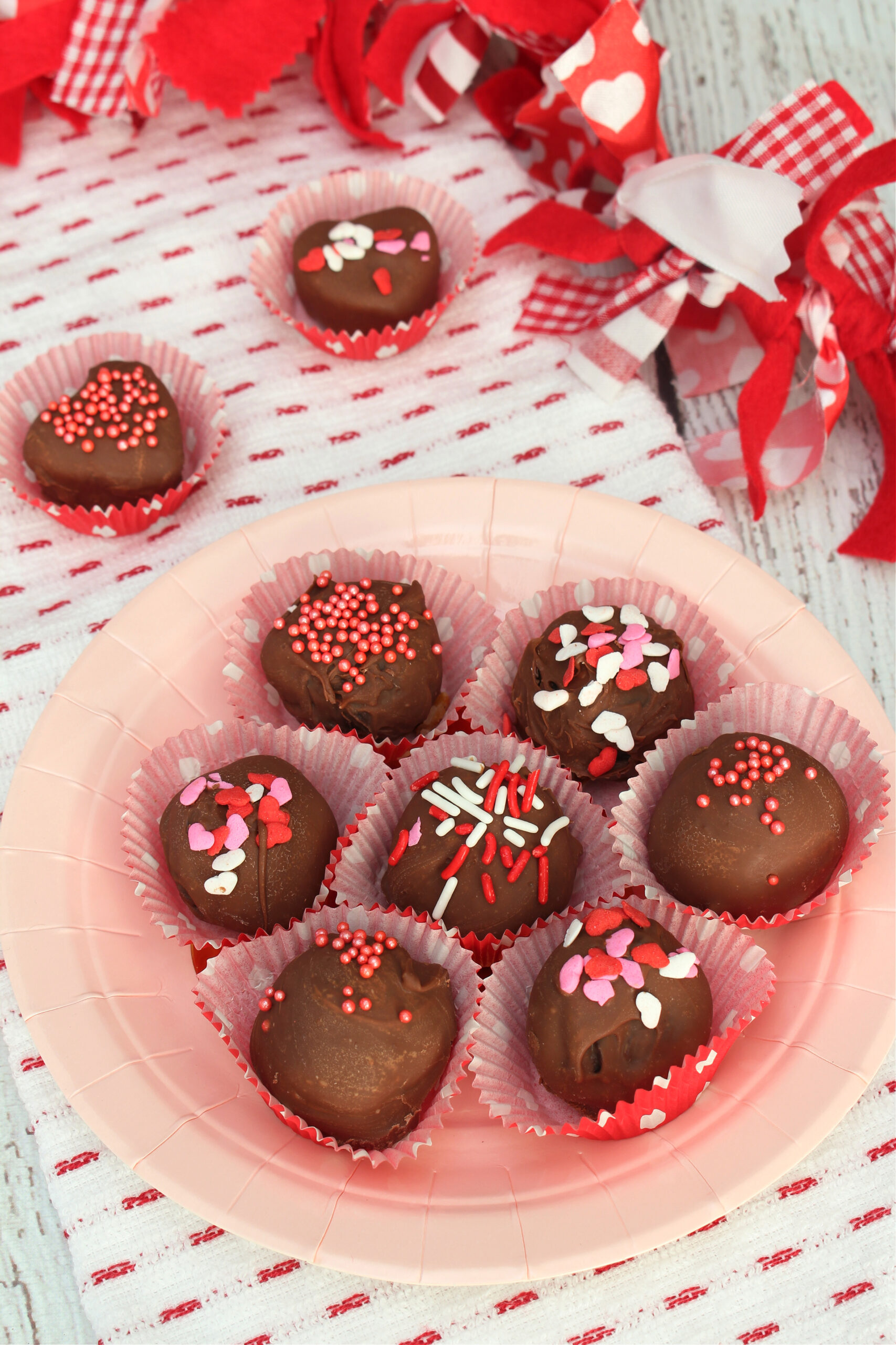 Valentine's day Oreo truffles in mini-cupcake liners.