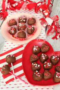 Valentine's Day Oreo truffles displayed for a Valentine's Day party.