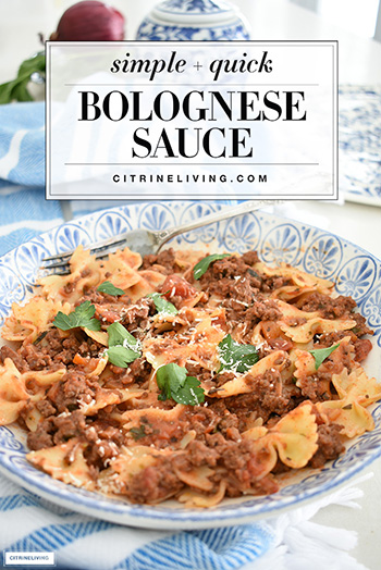Homemade bolognese sauce on pasta.