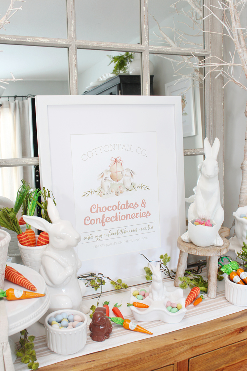 Cottontail Co. Chocolates and Confectioneries free Easter printable with bunnies and Easter candies.