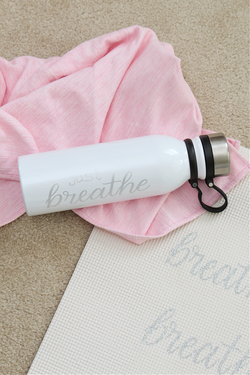 "Just Breathe" DIY custom water bottle with Cricut vinyl.