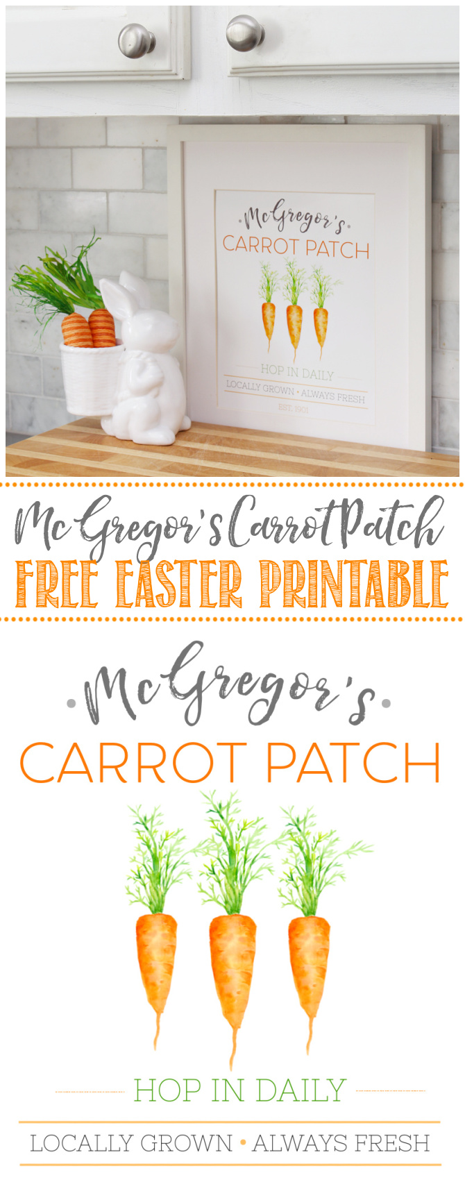 McGregor's Carrot Patch free Easter printable displayed in a frame with a white bunny and carrots.