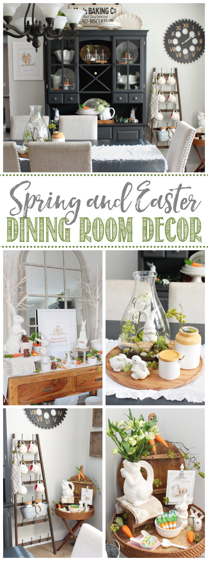 Collage of spring and Easter decor ideas in a dining room.