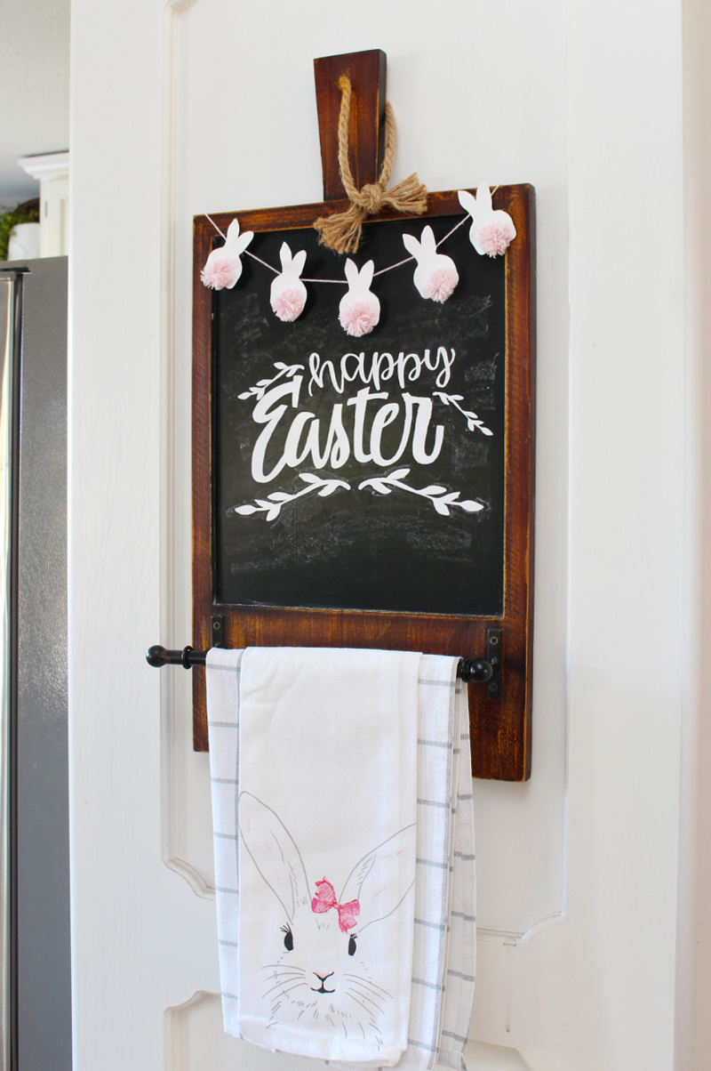 Happy Easter chalkboard with mini bunny bunting.