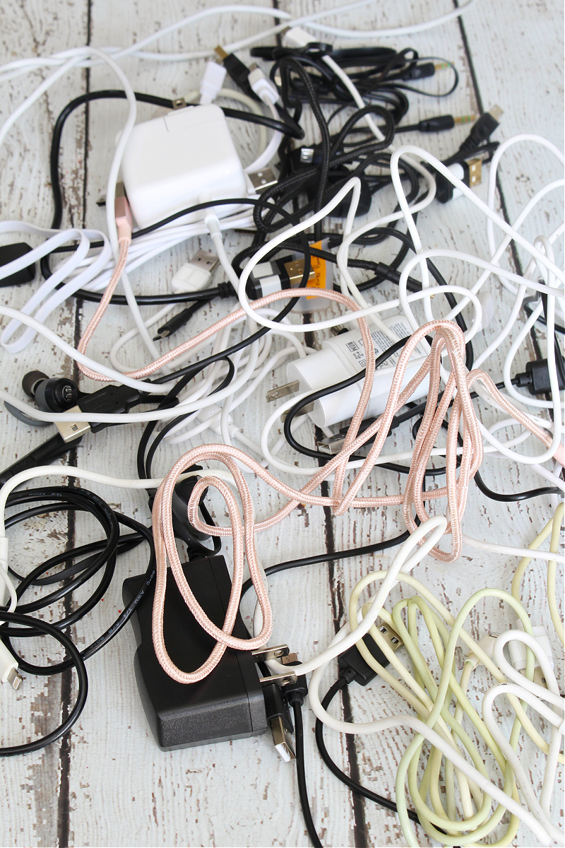 Tangled pile of cords before being organized.