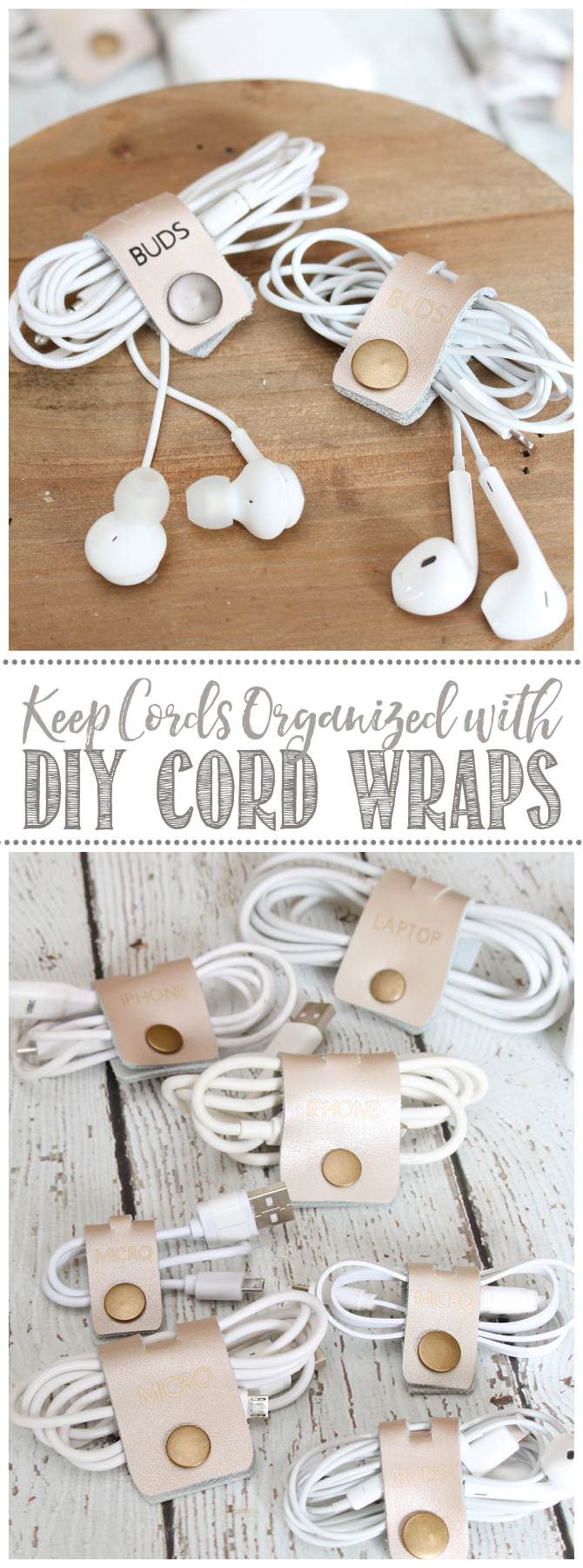 DIY cord wraps with leather strap and snap fasteners.